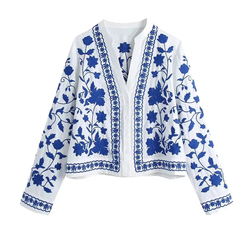 Veste Chemisier Vintage DECADE - Blanc Fleuri Bleu Marine, 100% Viscose, Taille 38/40