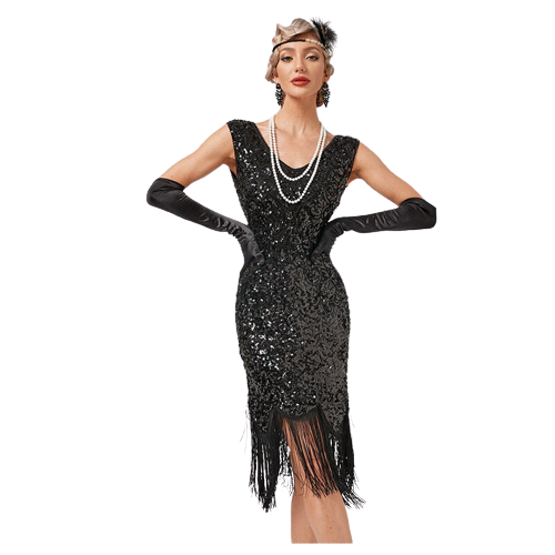 Robe Charleston Vintage Années 20 Gatsby Frangée à Perles et Sequins Argenté